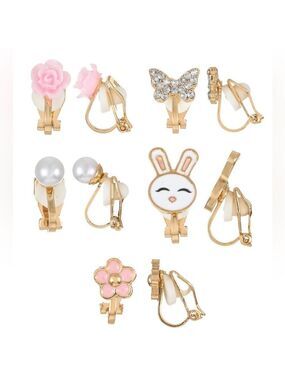 Goldtone Bunny Butterfly Flower Clip On Earrings Set Hypoallergenic